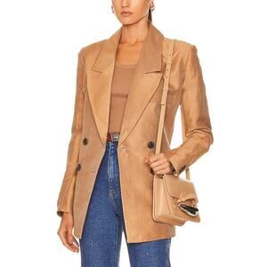 Smythe Tan Linen Silk Blend Herringbone Double Breasted Blazer Medium FLAW